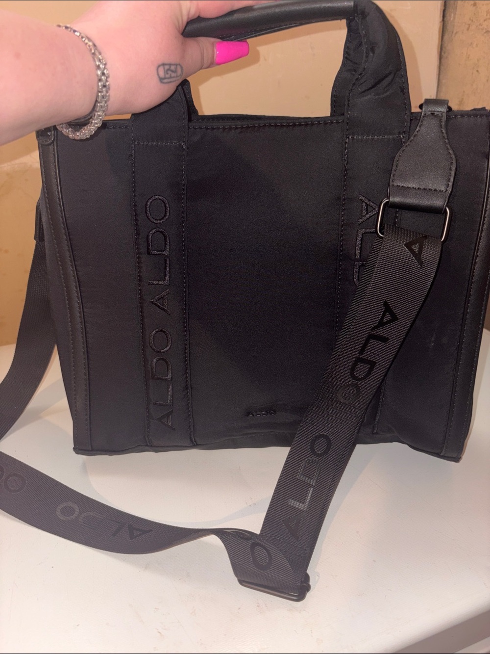 ALDO Black Nylon Messenger Tote with Branded Crossbody Strap